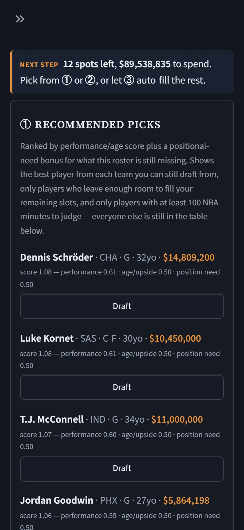The recommended picks on a phone, each with age, salary and a Draft button.